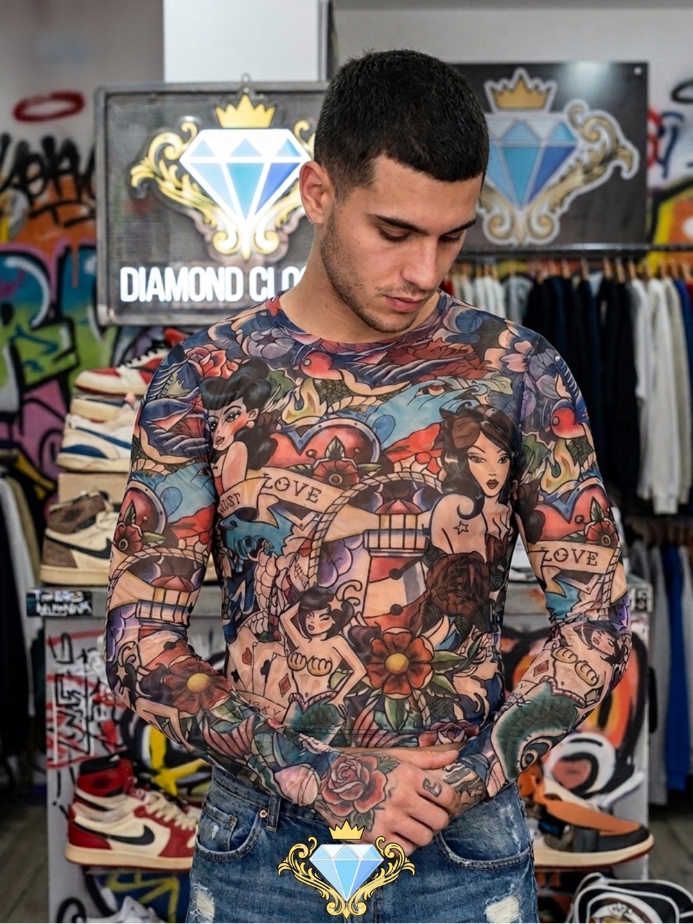 SHEIN Men’s Traditional Tattoo Flash Print Mesh Top - Long Sleeve (Large)